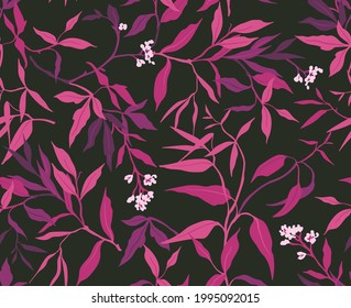 Trendy seamless vector floral pattern. Print made of purple leaves and branches. Summer and spring motifs. Violet background. Stock vector illustration.