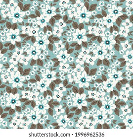 Trendy nahtlose Vektorgrafik-Blumenmuster. Nahtloser Druck aus kleinen weißen Blumen und Khaki-Blättern. Sommer- und Frühlingsmotive. hellblauer Hintergrund. Stock-Vektorgrafik.