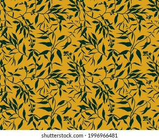 Trendy seamless vector floral pattern. Seamless print made of green leaves and branches. Tropical motifs. Mustard  background. Stock vector illustration.