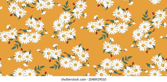 Trendy seamless vector floral pattern. Endless print made of small yellow flowers. Summer and spring motifs. Beige background. Stock vector illustration.