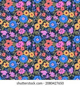 Trendy seamless vector floral pattern. Seamless print from large realistic flowers. A bouquet of flowers from the garden. Bright yellow and purple chrysanthemums on a dark background. Stock vector.