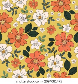 Trendy seamless vector floral pattern. Endless white and orange flowers print. Summer and spring motives. yellow background. vector illustration. 