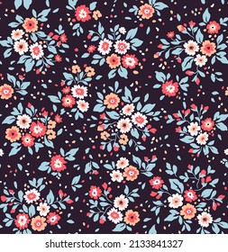 Trendy seamless vector floral pattern. Endless print made of small colorful flowers and blue leaves. Summer and spring flower. Dark Violet background. Ditsy print. Stock vector.