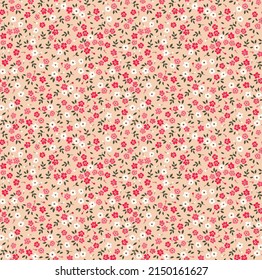 Trendy seamless vector floral pattern. Endless print made of small red and white flowers. Summer and spring motifs. Ivory background. Stock vector illustration.