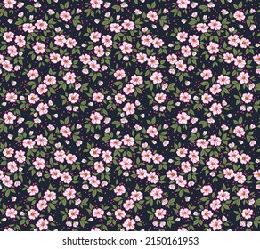 Trendy seamless vector floral pattern. Endless print made of small white and pink flowers. Summer and spring motifs. Black background. Stock vector illustration.