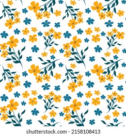 Trendy seamless vector floral pattern. Endless print of small yellow and blue flowers. Summer and spring motives. White background. Stock vector illustration