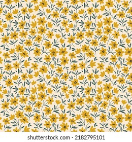 Trendy seamless vector floral pattern. Endless print made of small mustard yellow  flowers. Summer and spring motifs. Ivory white background. Stock vector illustration.