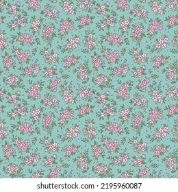 Trendy seamless vector floral pattern. Endless print made of small pink flowers. Summer and spring motifs. Light blue  background. Stock vector illustration.