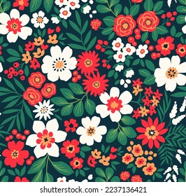 Trendy seamless vector floral pattern. Bright print made of small white and red flowers. Summer and spring motifs. Dark blue background. Stock vector illustration.