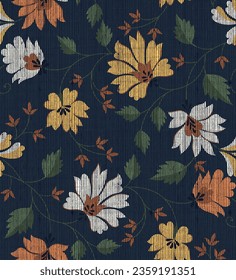 Trendy seamless vector floral pattern. Endless print made of hand draw flowers, leaves and berries. Summer and spring motifs Dark blue