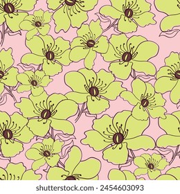 Trendy seamless vector floral pattern. Seamless print made of small white flowers. Summer and spring motifs. Yellow gold background. Stock vector illustration