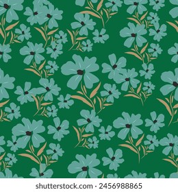Trendige nahtlose Vektorgrafik Blumenmuster. Endloser Druck aus kleinen bunten Blüten, Blättern und Beeren. Sommer- und Frühlingsmotive. Dunkelblauer Hintergrund. Vektorillustration.