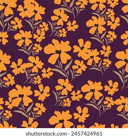 Trendy seamless vector floral pattern. Endless print made of small colorful flowers, leaves and berries. Summer and spring motifs. Dark blue background.Vector illustration.