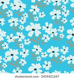 Trendy seamless vector floral pattern. Endless print made of small colorful flowers, leaves and berries. Summer and spring motifs. Dark blue background.Vector illustration.
