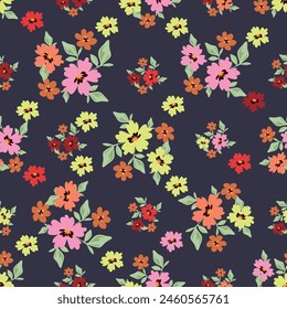 Trendy seamless vector floral pattern. Endless print made of small colorful flowers, leaves and berries. Summer and spring motifs. Dark blue background.Vector illustration.