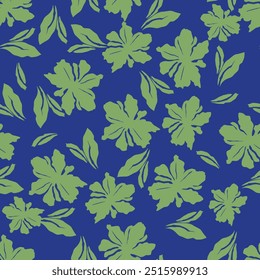 Padrão floral vetor sem costura moderno. Impressão infinita feita de pequenas flores coloridas, folhas e bagas. Motivos de verão e primavera. Plano de fundo azul escuro.Ilustração do vetor