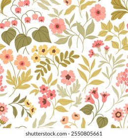 Patrón floral de Vector sin costuras de moda. Estampado interminable de Pequeñas flores de rosa y melocotón, hojas y bayas. Motivos de verano y primavera. El fondo blanco. Ilustración vectorial.