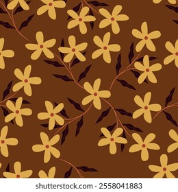 Trendy seamless vector floral pattern. Endless print made of small pink flowers and yellow berries. Summer and spring motifs. Black background.