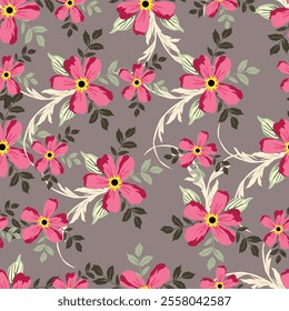 Trendy seamless vector floral pattern. Endless print made of small pink flowers and yellow berries. Summer and spring motifs. Black background.