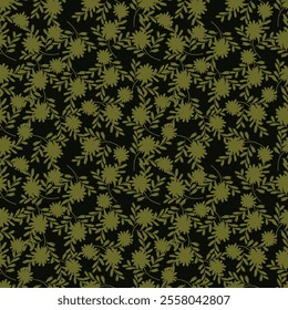 Trendy seamless vector floral pattern. Endless print made of small pink flowers and yellow berries. Summer and spring motifs. Black background.