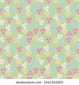 Trendy seamless vector floral pattern. Endless print made of small pink flowers and leaves. Summer and spring motifs. White background. Vector illustration.