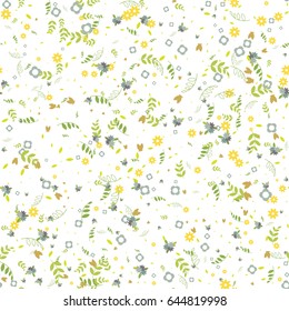 Trendy seamless vector floral pattern. Endless print made of small flowers, leaves and branches. Summer and spring motifs. Retro, country, shabby chic style. Background, fabric, wallpaper, cloth, card