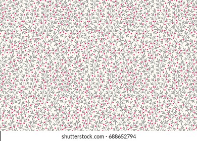 Trendy seamless vector floral pattern. Endless print made of small pink flowers, leaves and berries. Summer and spring motifs. White background.Vector illustration.