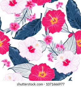 Diseño floral vectorial moderno, fondo de verano fresco y brillante con flores tropicales, hojas de palma, hojas de selva, hibiscos, dibujo de la mano de flores en el paraíso forestal de estilo hawaiano