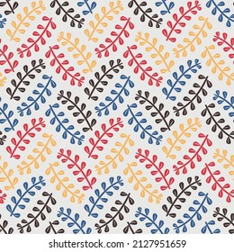 Trendy seamless vector leaves pattern. Summer and spring motifs. Colorful leaves on beige background.