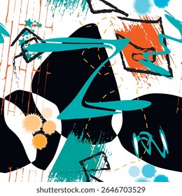Trendy seamless vector pattern with abstract graffiti style brush strokes, shapes and splashes in black, teal, orange and cyan. Energetic and urban design perfect for modern textile and streetwear.
