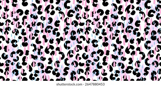 Trendy seamless vector pattern with abstract leopard spots and raindrop shapes in black, blue, and pink. Bold and playful design for fashion and modern textile prints