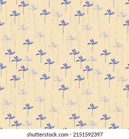 Trendy seamless vector pattern. Stylish background texture with creative leaves, palm silhouettes, flower seeds, blots. blue, beige color, for decor, wallpapers, fabrics, tiles, bedspreads, printing