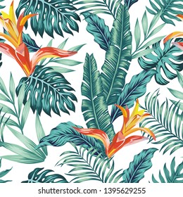 Trendy seamless vector pattern tropical composition exotic abstract blue color leaves and orange flowers on the white background. Summer realistic wallpaper