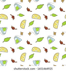 moderno Impresión vectorial sin costura con té de hierbas. adorno con cadera, limón, teabag. elegante ilustración plana sobre fondo blanco con estilo dibujado a mano. embalaje decorativo para bebidas