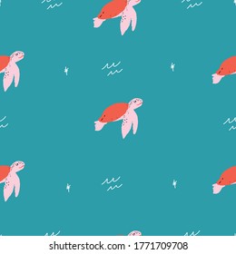 trendy Seamless vector repeat pink red and green sea turtles animals pattern with retro stars on a green background.