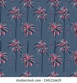 Trendy seamless vector summer colorful palm tree pattern  and polka dots Design for fashion,fabric,web,wallpapers, backgrounds, surface textures, textile and all prints on vintage blue 