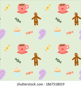 Trendy seamless vector tea time pattern with colorful sweet, gingerbread man, candy cane, pink heart cup of tea. Flat hand drawn concept for fabric, stationery, cover, wrapper, web, package, wallpaper