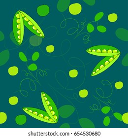 Trendy seamless vegetables vector  background with green peas on a dark green background Beans