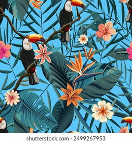 Trendy seamless vibrant tropical pattern with toucans and colorful flowers isolated on blue background. Featuring lush green leaves, flowers exotic blooms, perfect for summer and jungle-themed designs