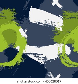 Trendy seamless wallpaper with hand painted with a brush. Hand drawn geometric pattern textures made with ink. Green abstract background. Sketch abstraction spot, swirl decor and crosses.