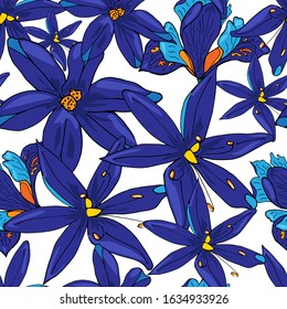 Trendy seamless white background of blue spring flowers. Modern abstract design for fabric, paper, interior.