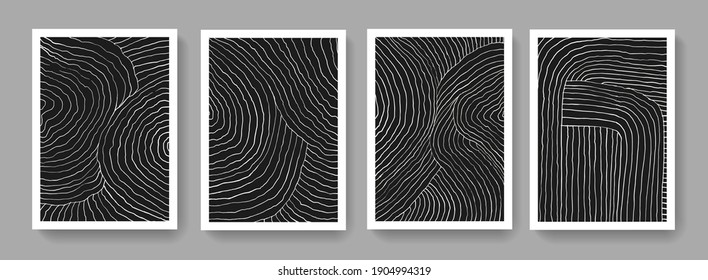 Trendy set of A4 abstract minimalist composition. Contemporary art. Mid century modern illustrations. Hand painted monochrome posters.