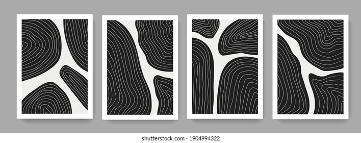 Trendy set of A4 abstract minimalist composition. Contemporary art. Mid century modern illustrations. Hand painted monochrome posters.