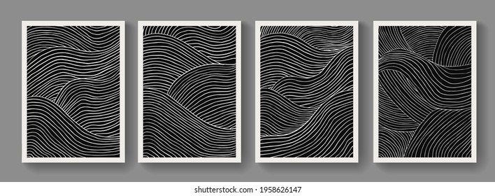 Trendy set of A4 abstract minimalist composition. Contemporary art. Mid-century modern illustrations. Hand painted monochrome posters. Creative linear design.