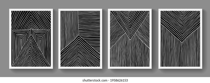 Trendy set of A4 abstract minimalist composition. Contemporary art. Mid-century modern illustrations. Hand painted monochrome posters. Creative linear design.