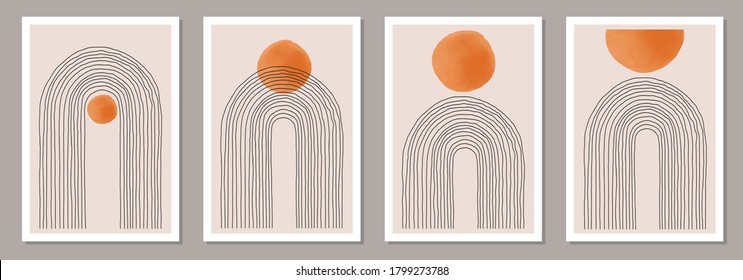 Trendy Set von abstrakten ästhetischen minimalistischen handgezeichnet zeitgenössischen Hintergründen, moderne Kunst Mitte des Jahrhunderts ideal für die Wanddekoration, Inneneinrichtung, Vektorgrafik