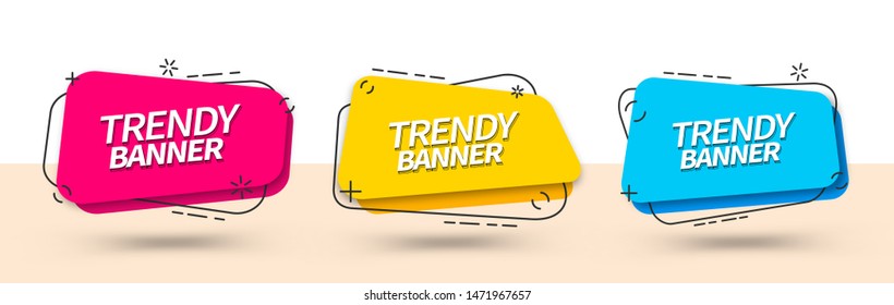 Trendy set of abstract banners square shape in Memphis style. Vector bright template banners. Template ready for use in web or print design.