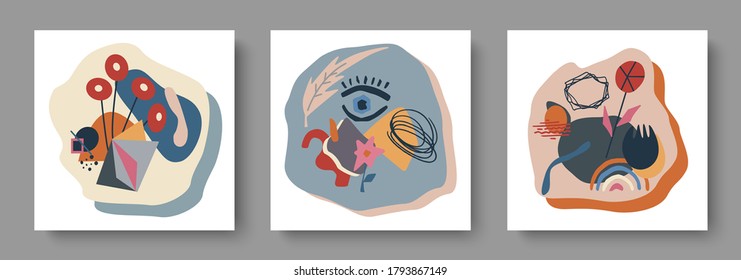 
Trendy set of abstract cards. Hand drawn doodles, brush strokes, elements flowers, leaves, various shapes. Applicable for posters, covers, banners, invitations, greeting cards, brochures.