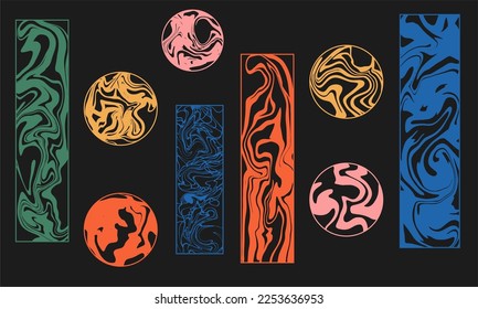 Trendy set of abstract creative bright minimalist art figures, floating liquid, paint. Flat retro style hand drawn.