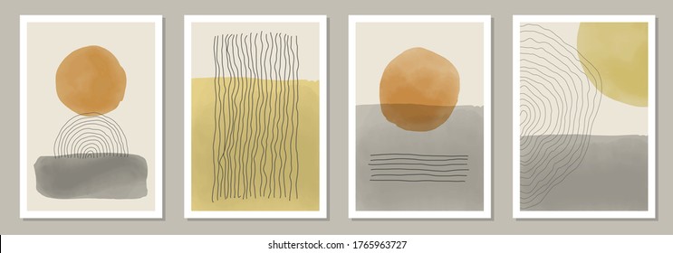 Trendy set of abstract creative minimal artistic hand painted compositions ideal for wall decoration, as postcard or brochure design, vector illustration